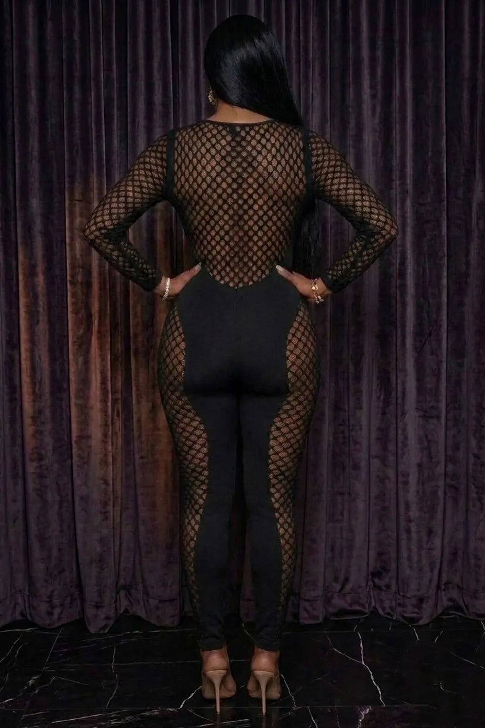 Solid Color Hollow Out Mesh See-Through Long Sleeve Skinny Jumpsuit-Black
