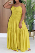 Spaghetti Strap Ruched Solid Color A-Line Vacation Maxi Dresses-Yellow