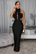 3D Flower Decor High Collar Open Back Bodycon Party Maxi Dresses-Red
