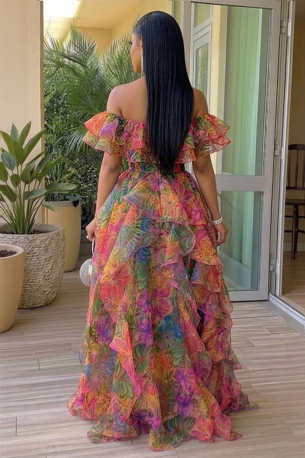 Off Shoulder Ruffle Trim Floral Gowns Maxi Dresses