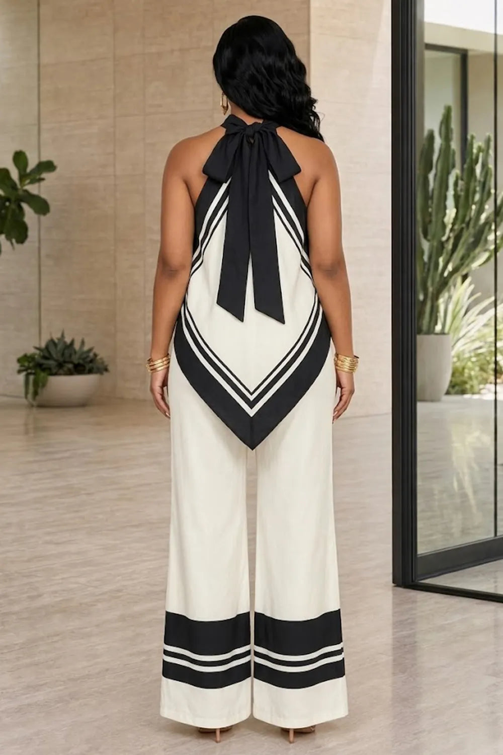 Contrast Trim Irregular Hem Sleeveless Top Wide Leg Pants 2pcs Set-White