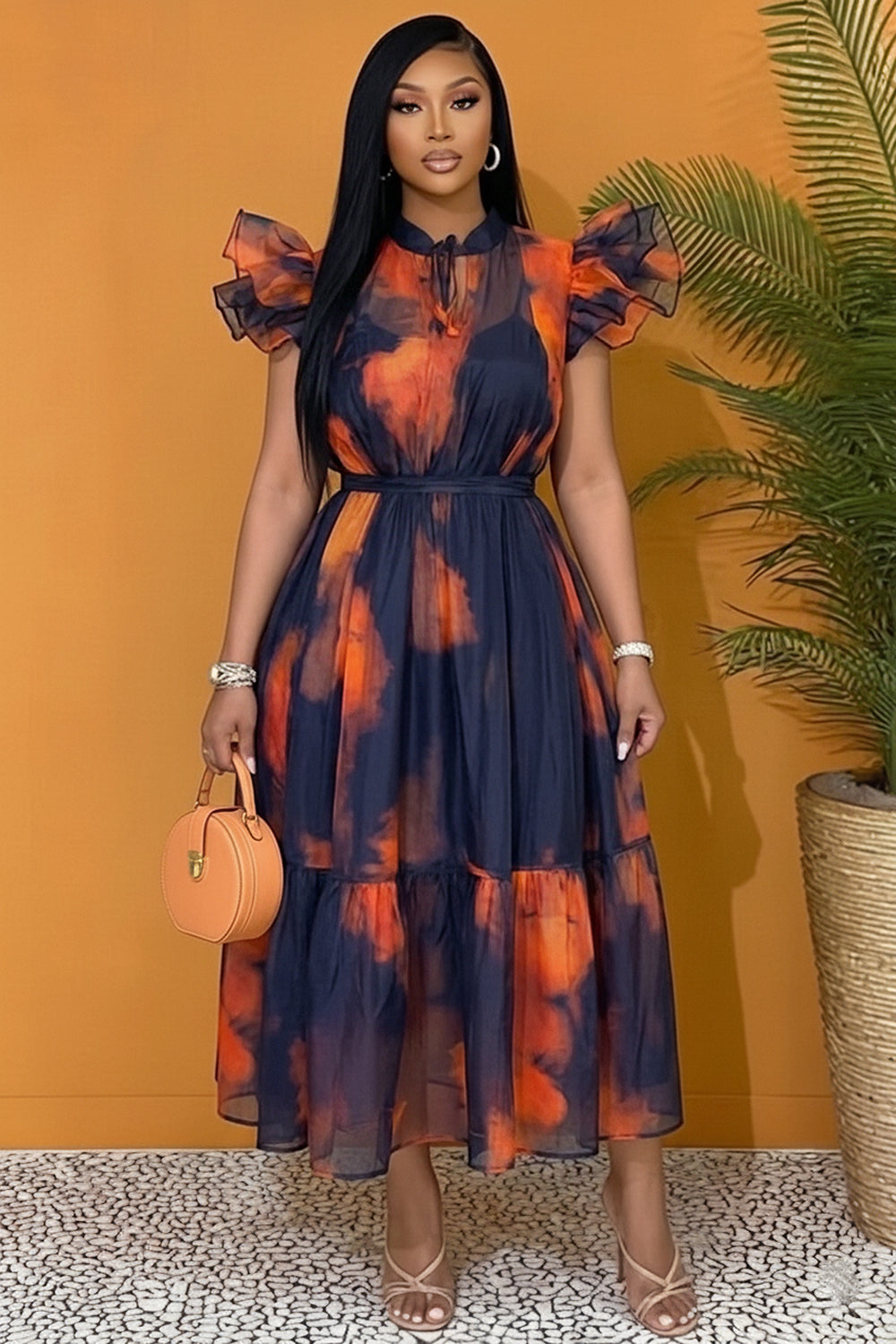 Stand-Up Collar Ruffle Colorblock Casual Maxi Dresses