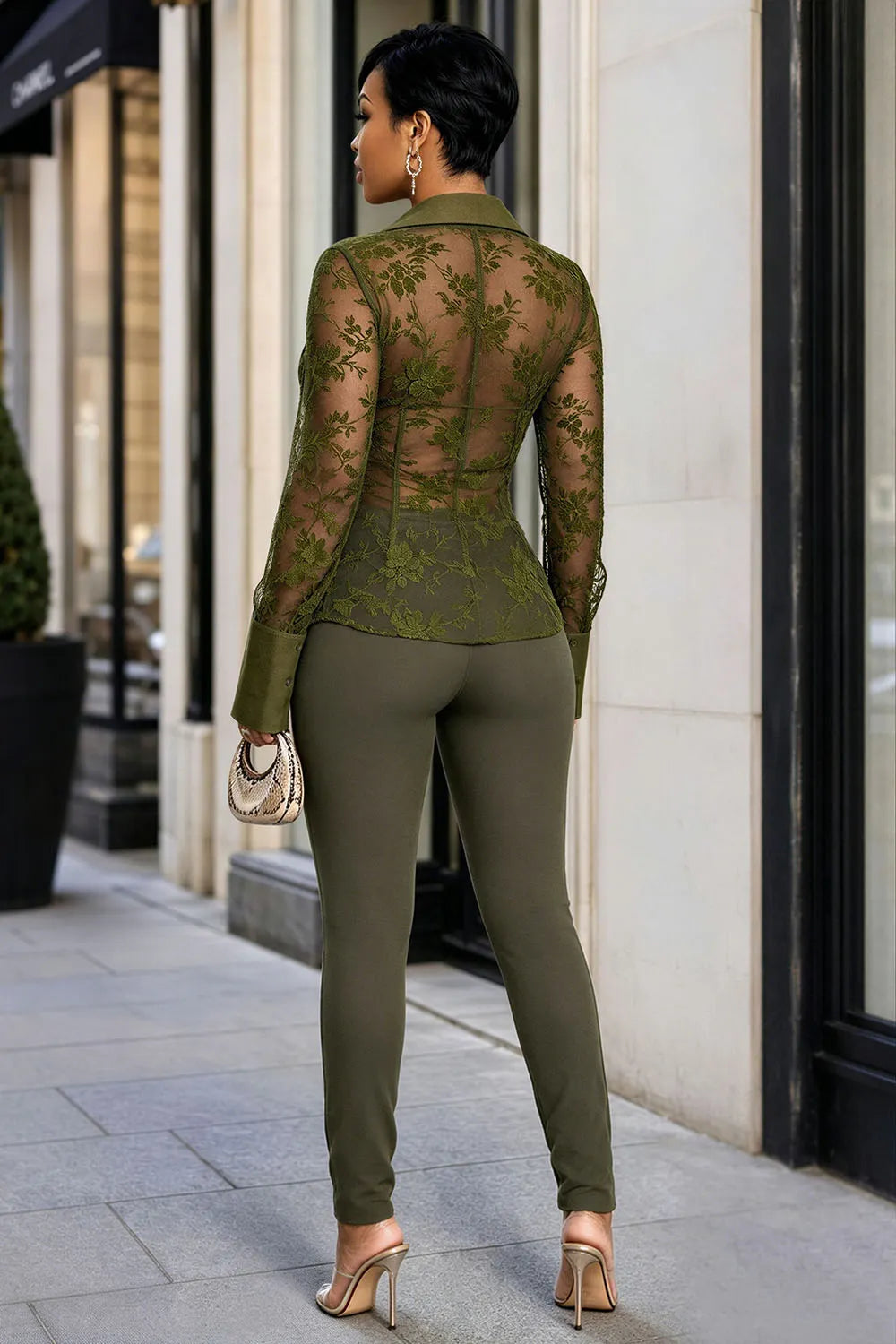 Collar Lace Long Sleeve Top Skinny Pants 2pcs Set-Green