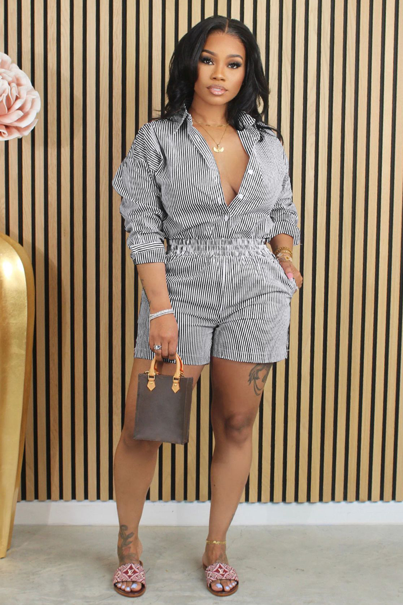 Striped Print  Collar Blouse Shorts Matching Set-Blue