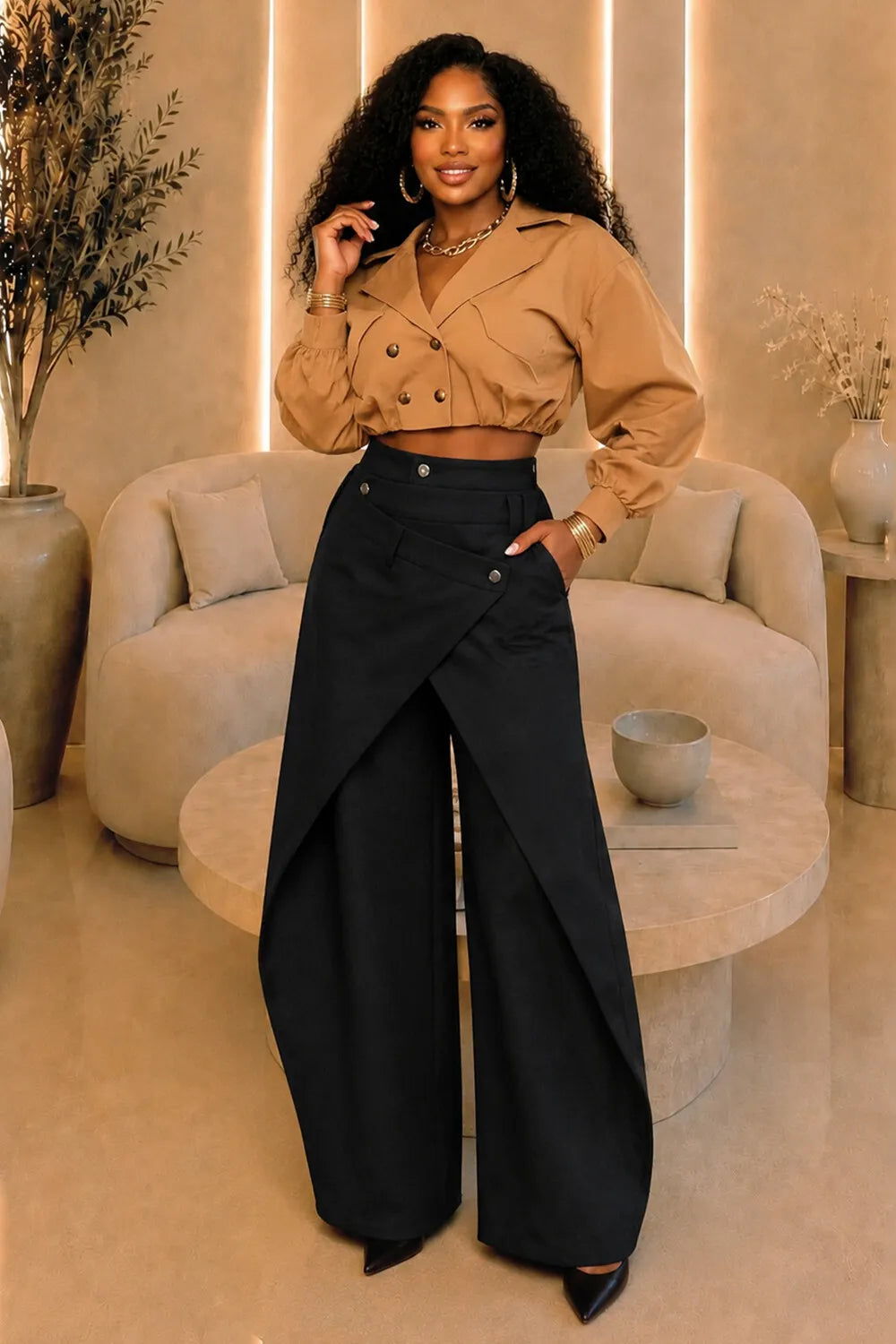 Solid Color Asymmetrical Button Overlap Wide Leg Casual Pants-Brown