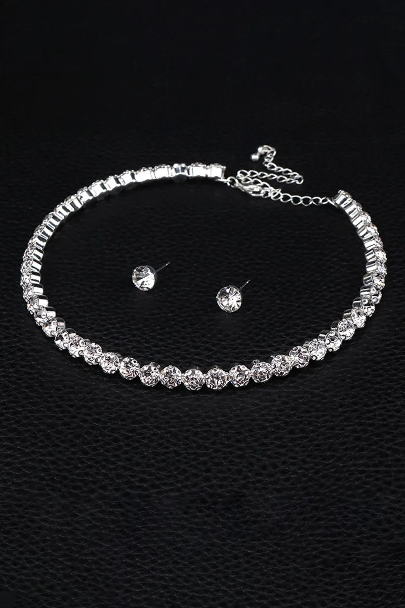 Shinning Rhinestone Necklace Bracelet Stud Earrings Three-Piece Set-Silver