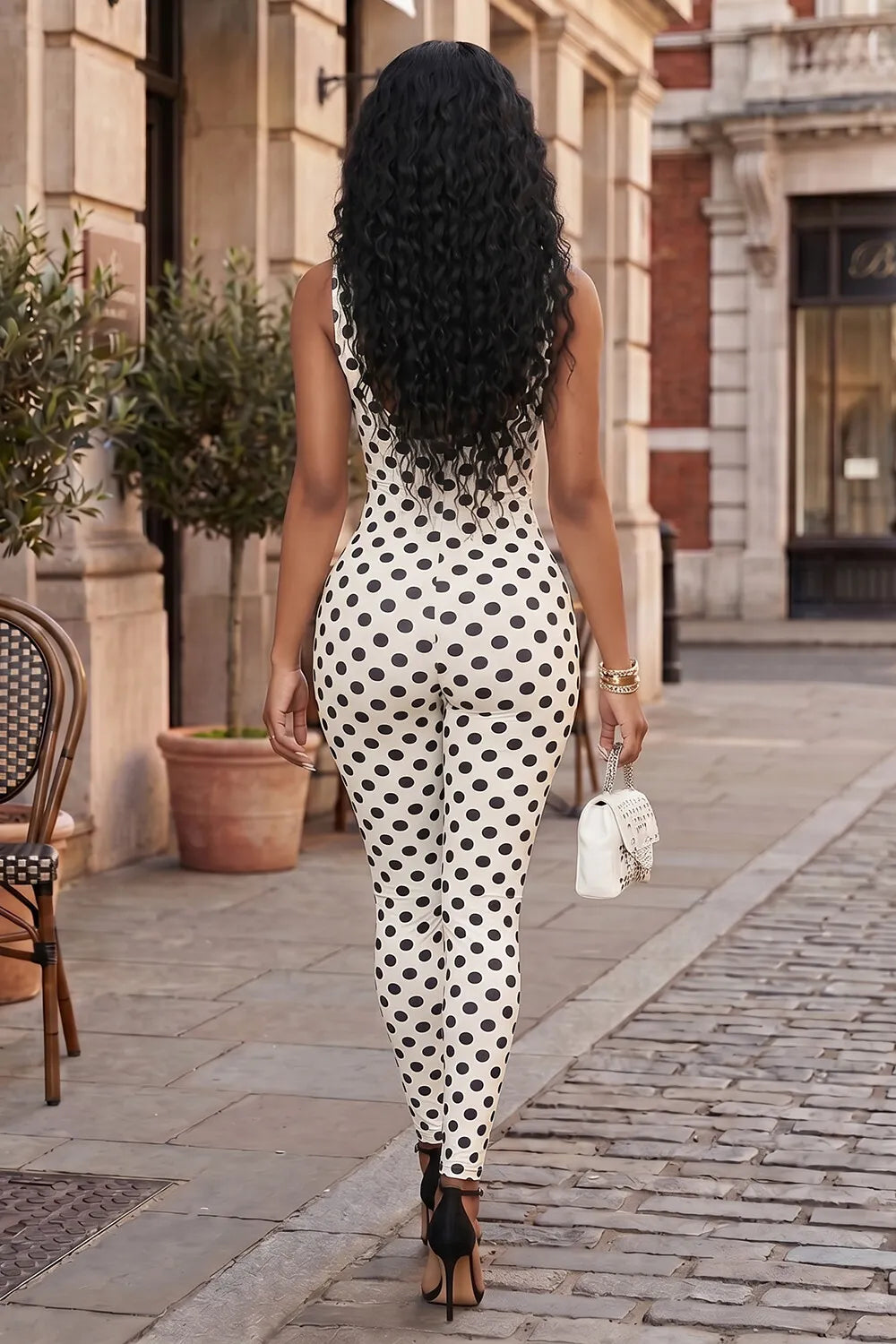 Polka Dot Print Wide Strap U Neck Backless Slim Fit Jumpsuit-White