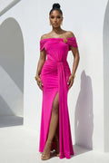 Off Shoulder Ruched Metal Decor Solid Color Slit Gowns Maxi Dresses-Fuchsia