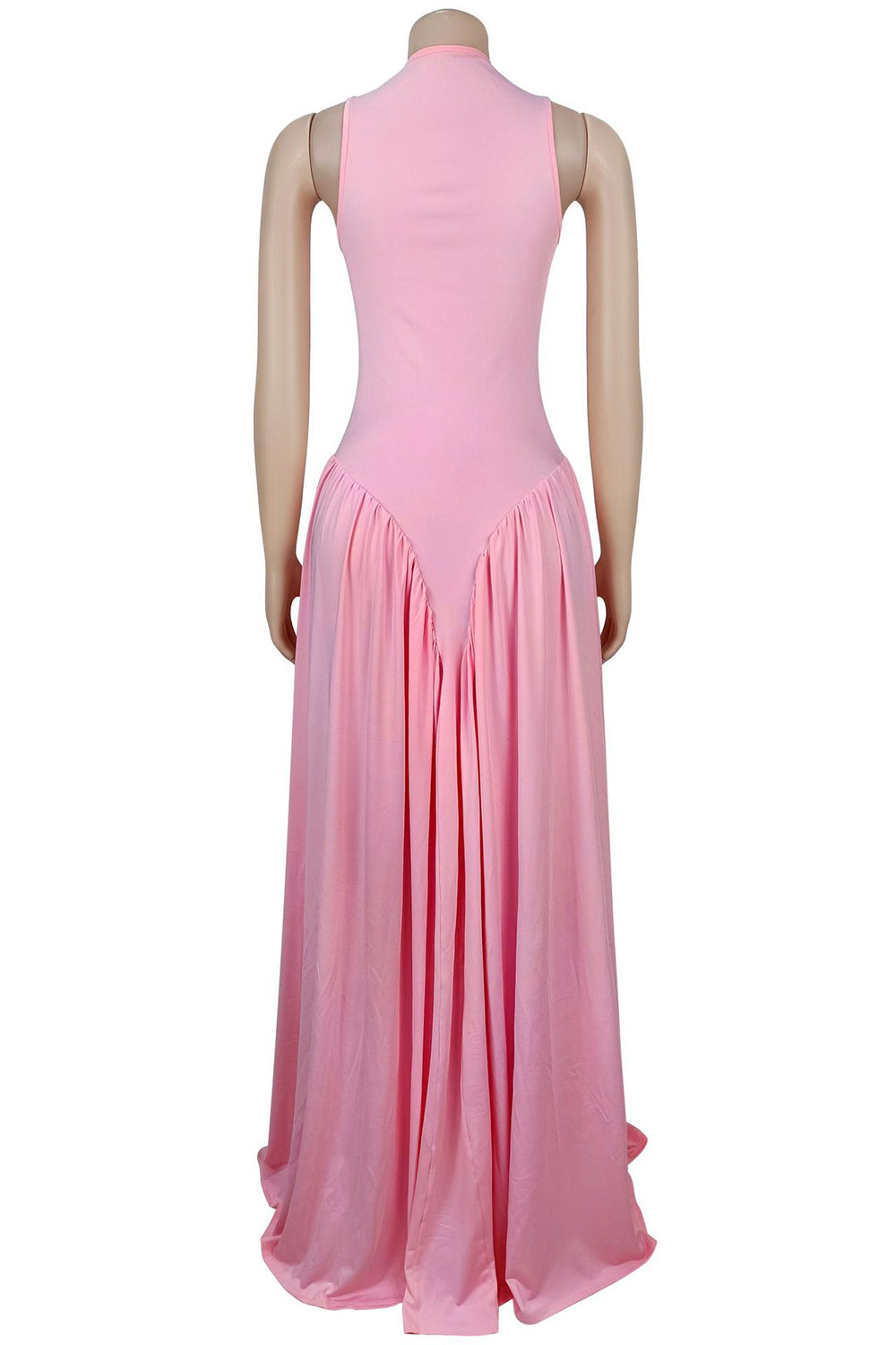 Round Neck Sleeveless Low Waist Ruched Solid Color Gowns Maxi Dresses-Black