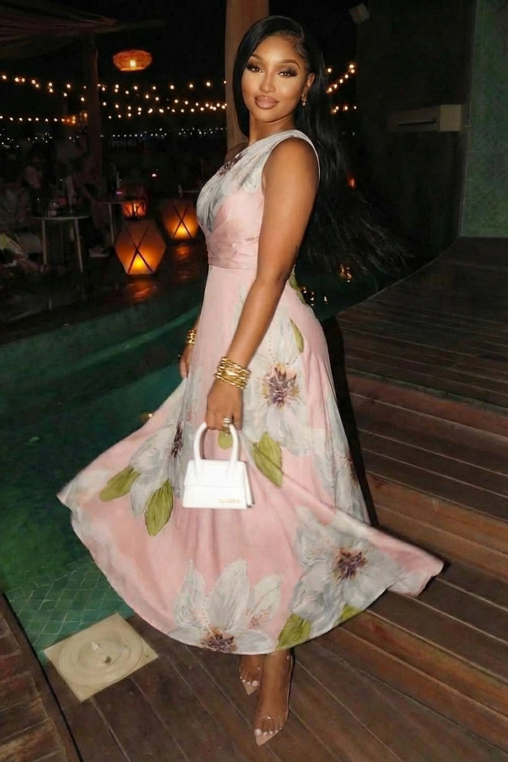 One Shoulder Floral Print Cinch Waist Gowns Maxi Dresses-Pink