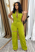 Cargo  Collar Sleeveless Zip Up Casual Jumpsuit-Green