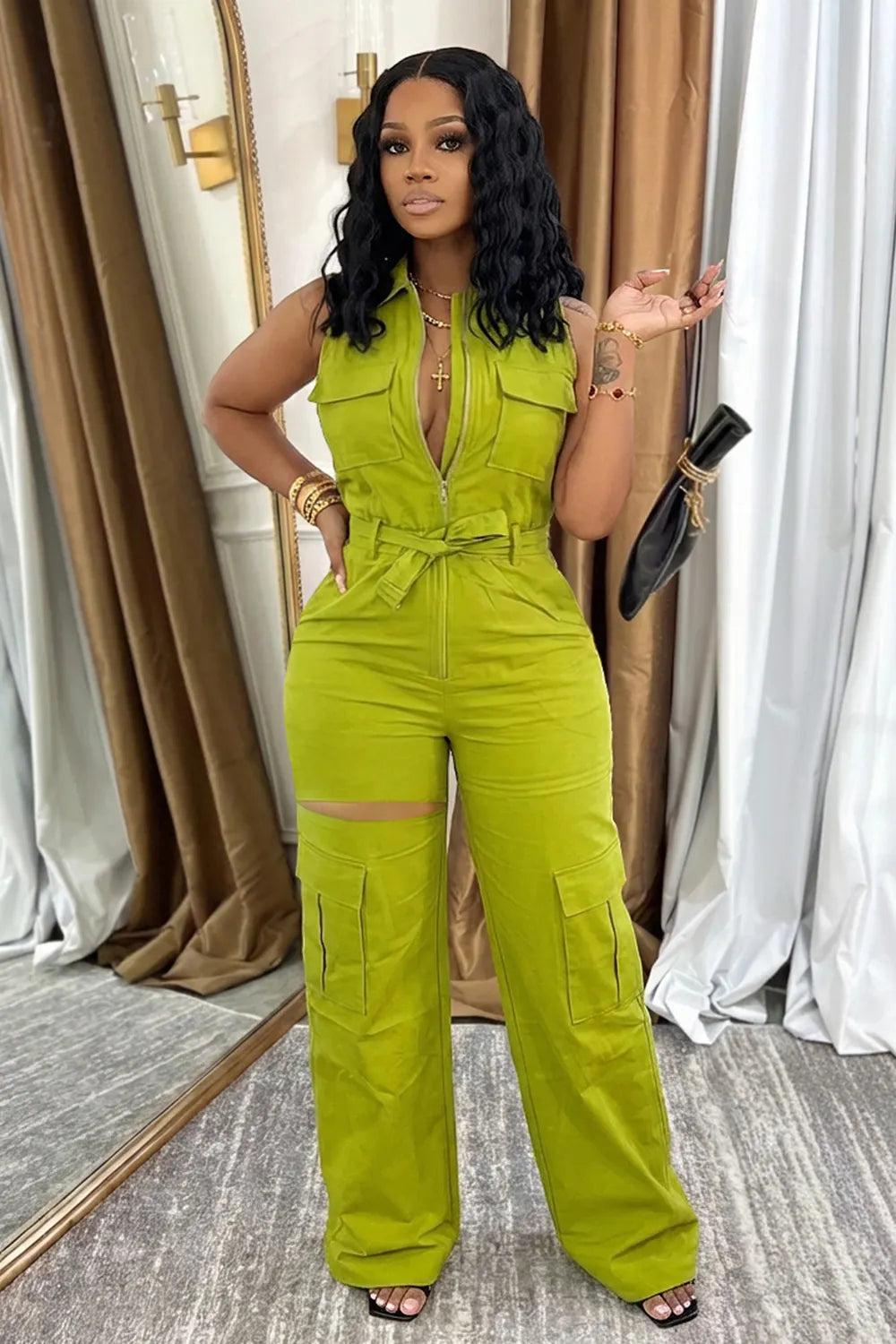 Cargo  Collar Sleeveless Zip Up Casual Jumpsuit-Green