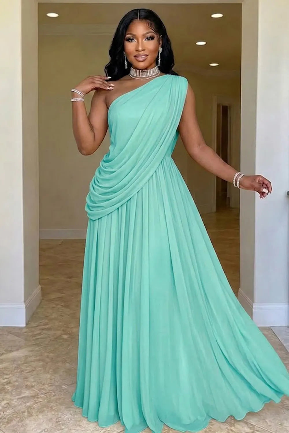 Sloping Shoulder Ruched Sleeveless Chiffon Evening Gowns Maxi Dresses-Yellow