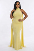 Mock Neck Long Streamer Slim Fit Mermaid Evening Gowns Maxi Dresses-Yellow