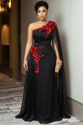 One Shoulder Mesh Sash 3D Flower Ruched Party Maxi Dresses-Black