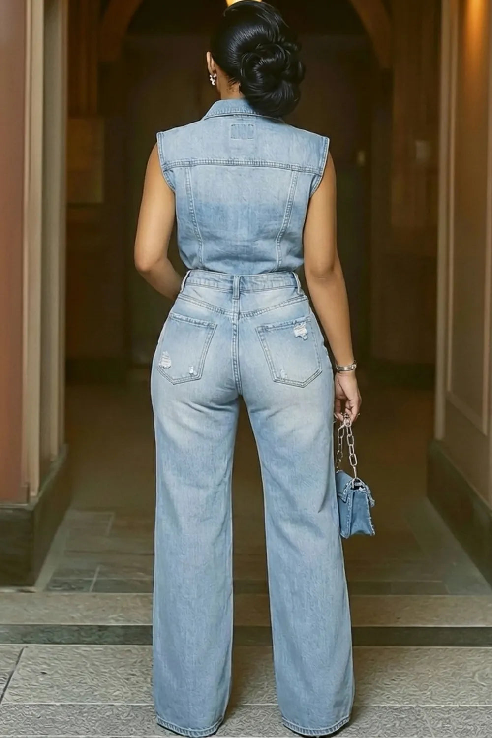 Denim  Collar Sleeveless Cut Out Wide Leg Jumpsuit-Blue