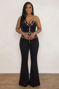 Metal Eyelet Decor V Neck Crop Top High Waist Flare Leg Pants-Black
