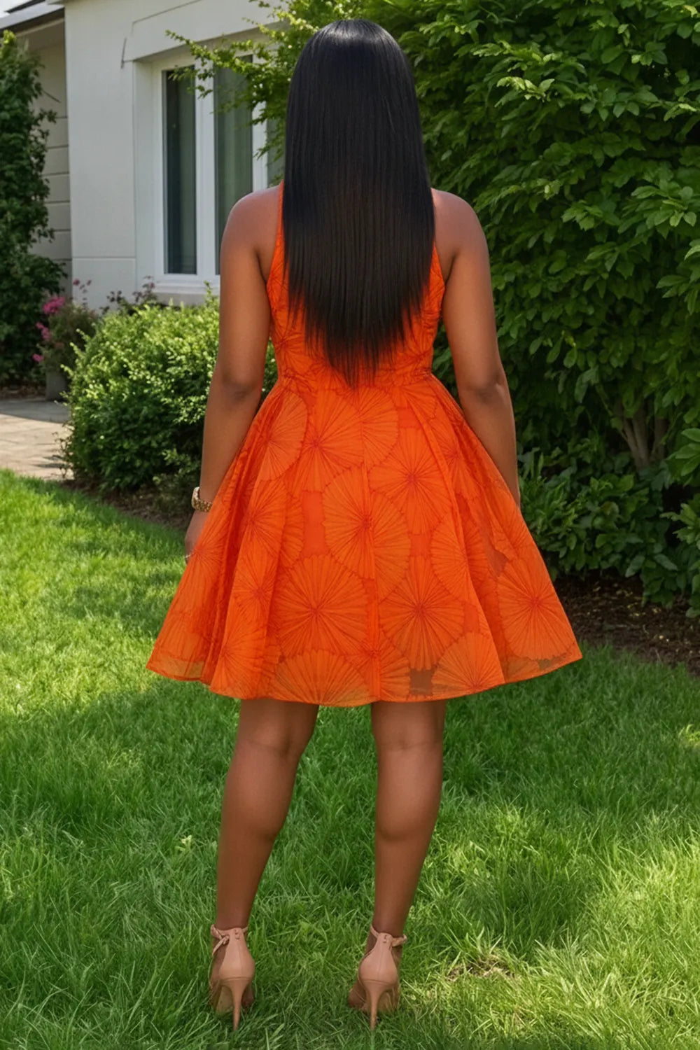 Round Neck Sleeveless Printed A-Line Vacation Mini Dresses-Orange