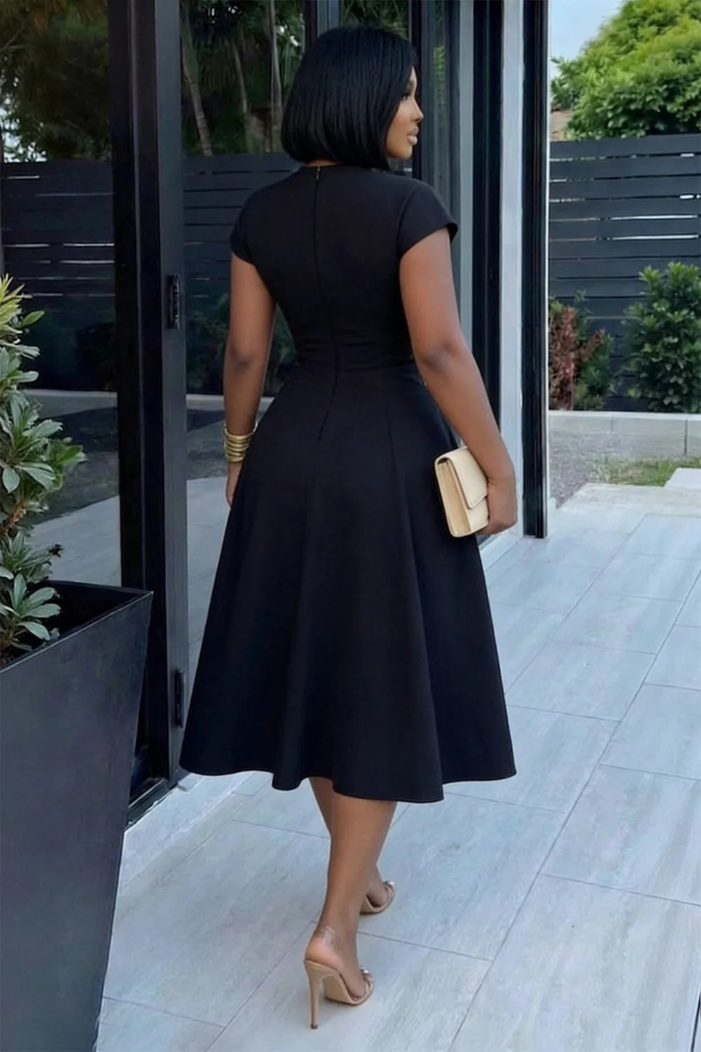Round Neck Short Sleeve Abstract Print Casual Midi Dresses-Black