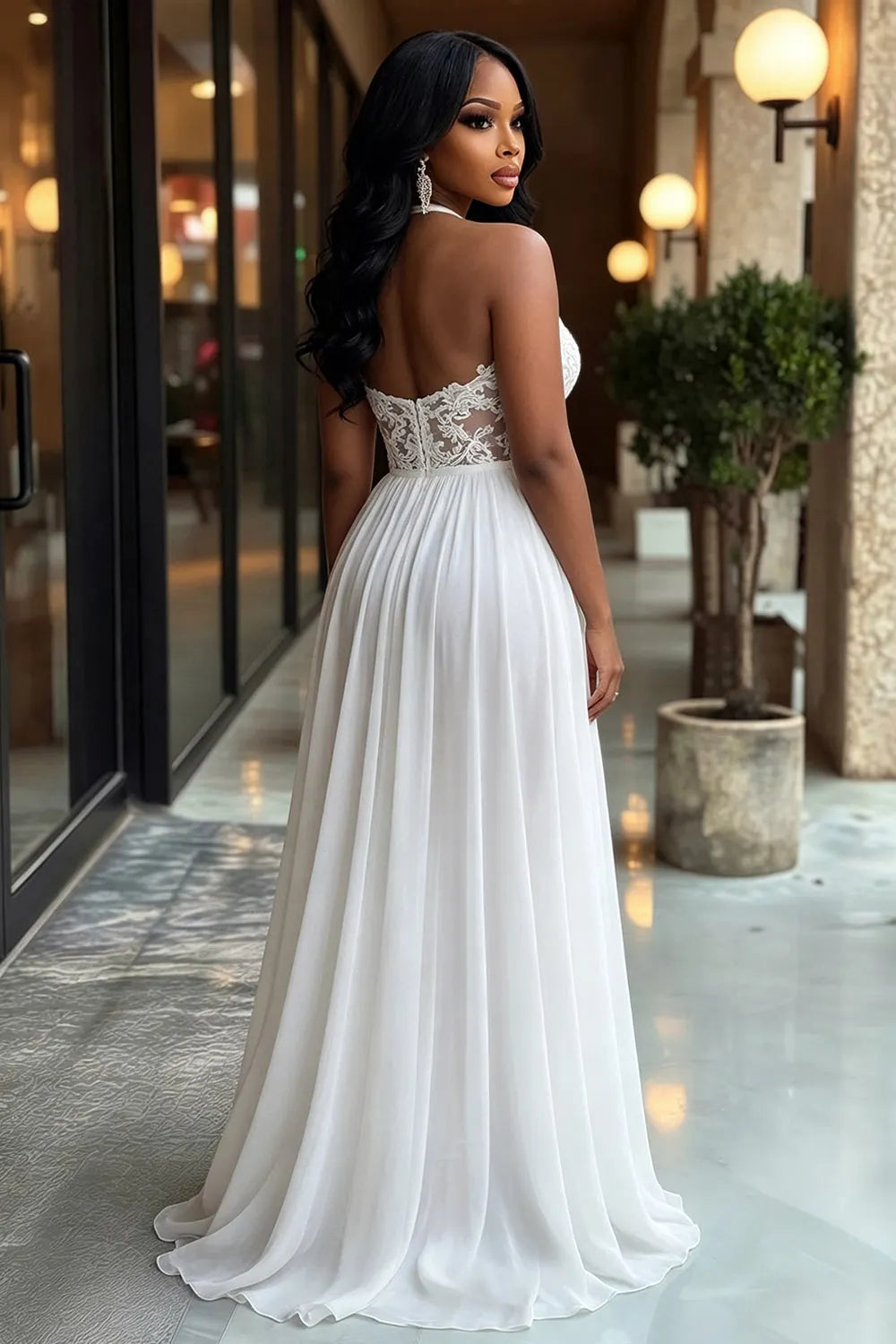 Halter Neck Cut Out Lace Patchwork Chiffon Maxi Dresses-White