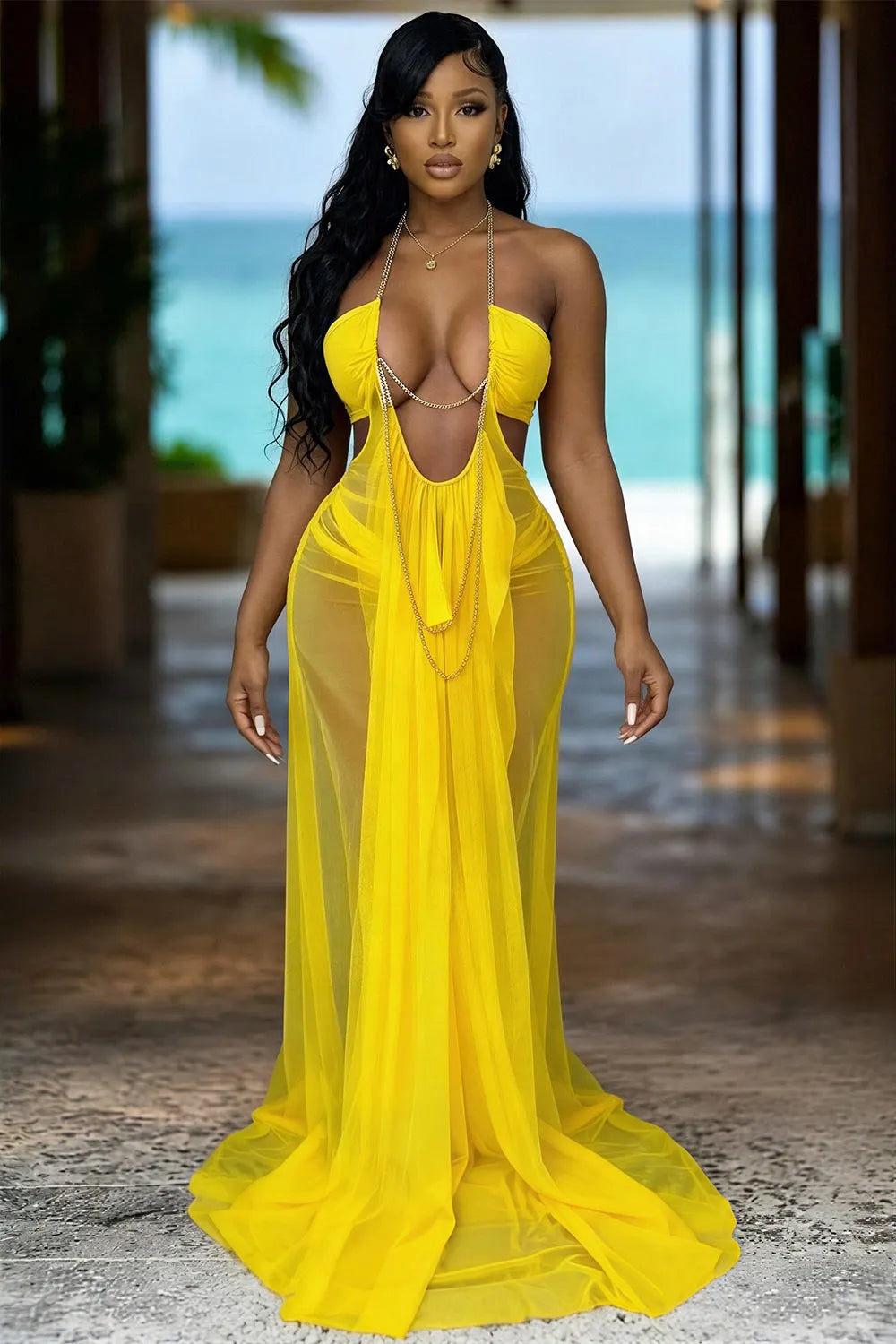 Halter Deep V Neck Cut Out Mesh Vacation Maxi Dresses-Yellow