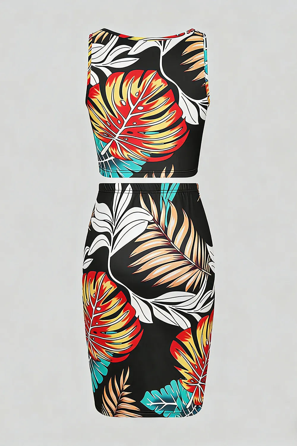 Leaf Print U Neck Crop Tank Top Skinny Mini Skirt Casual 2pcs Set