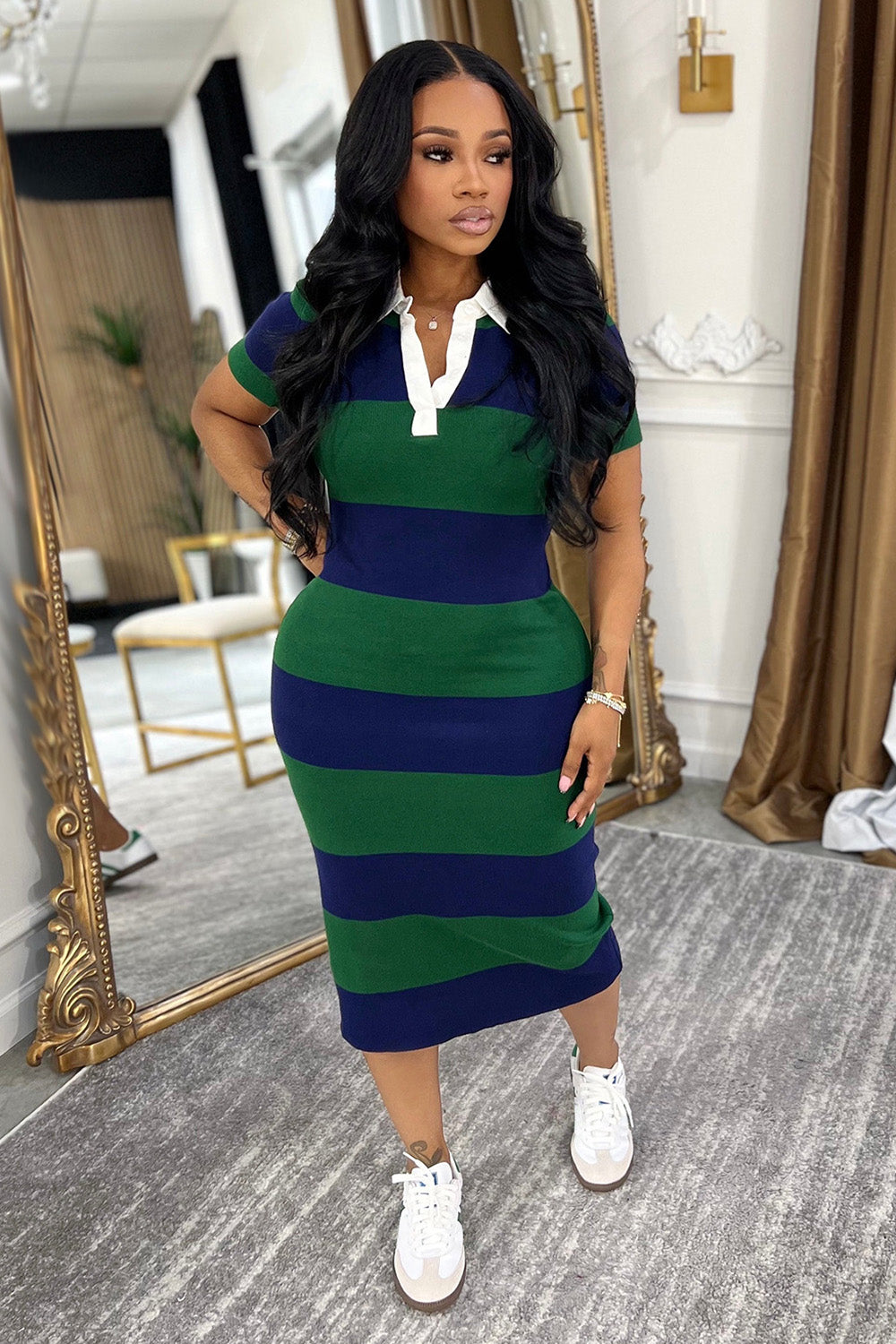 Contrast Stripe Polo Neck Short Sleeve Slim Bodycon Casual Midi Dresses-Black