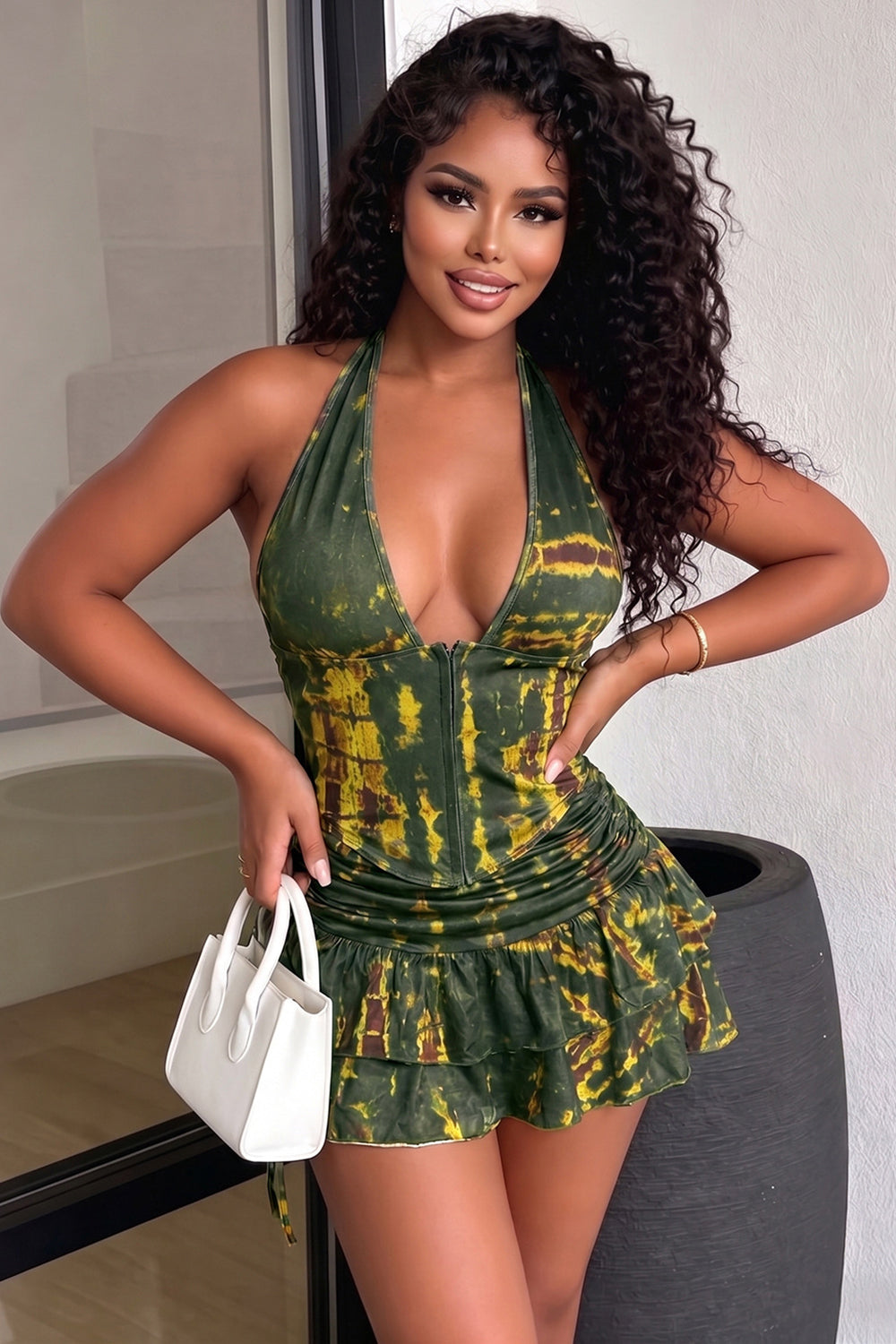 Halter Deep V Neck Cinch Waist Top Ruffle Mini Skirt Vacation 2pcs Set-Green