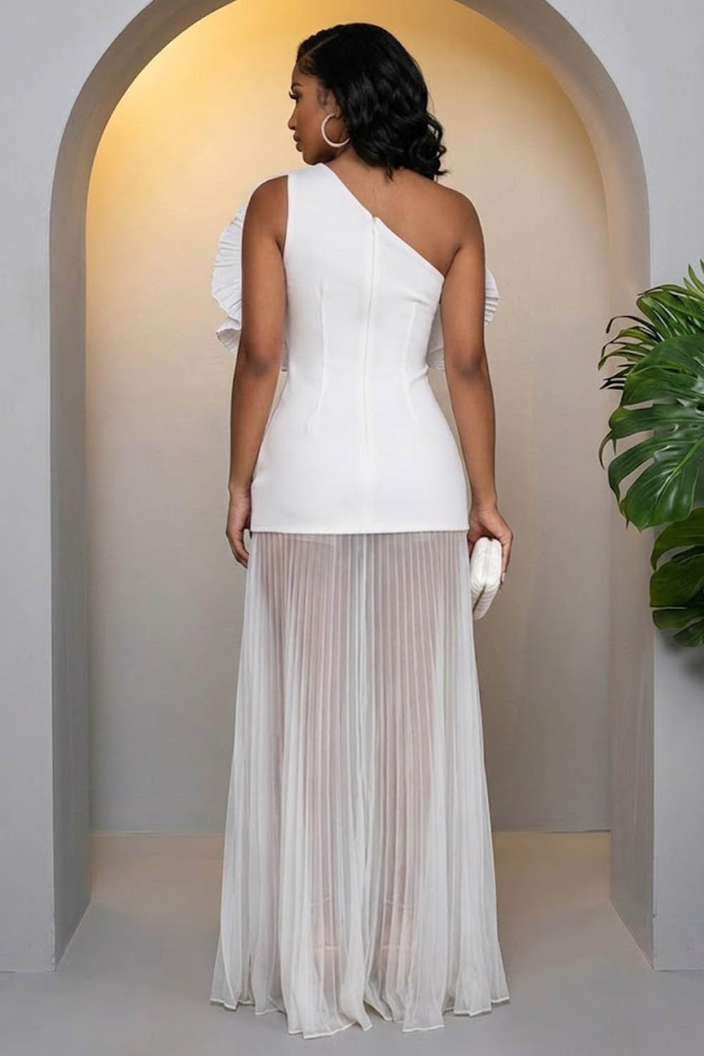 3D Floral One Shoulder Pleated Mesh Maxi Dresses-White