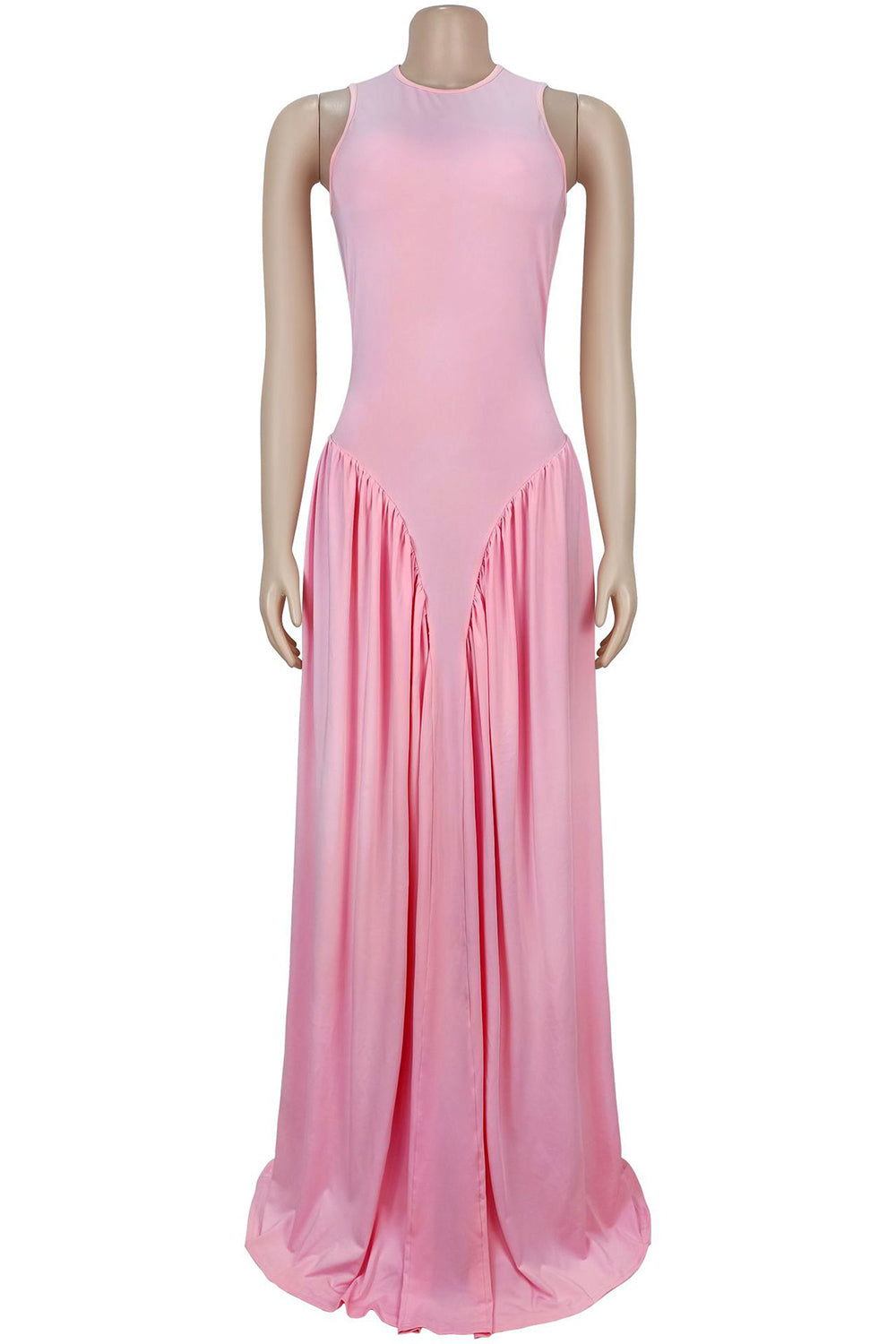 Round Neck Sleeveless Low Waist Ruched Solid Color Gowns Maxi Dresses-Black