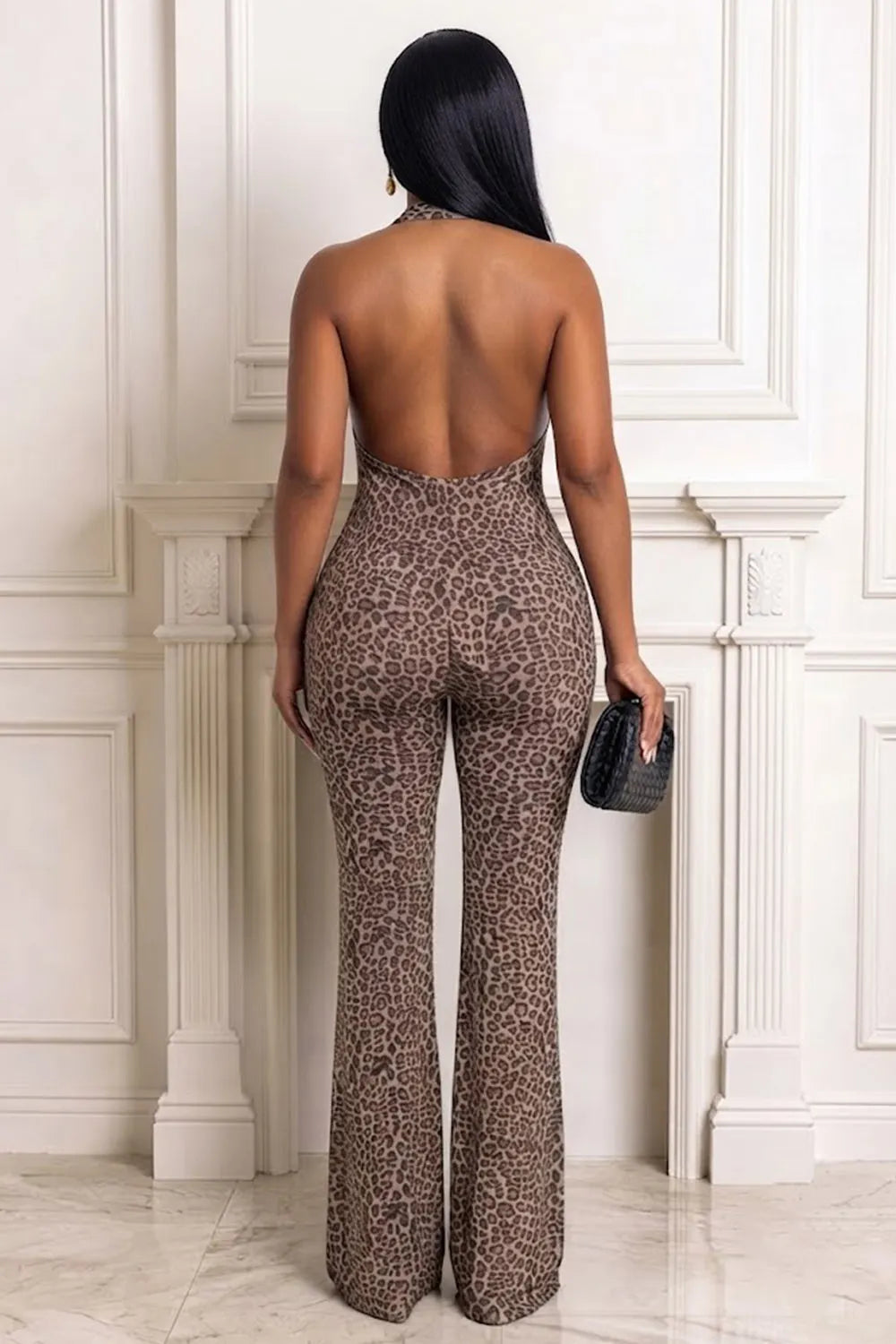 Halter Neck Leopard Print Knotted Backless Bodycon Party Jumpsuit-Apricot