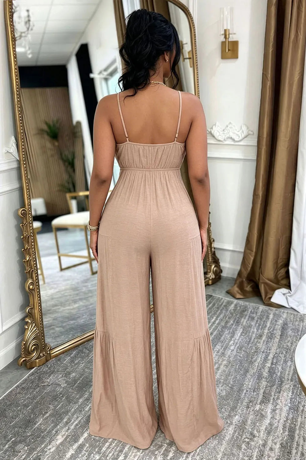 Cami Neck High Waist Solid Color Wide Leg Casual Jumpsuit-Brown