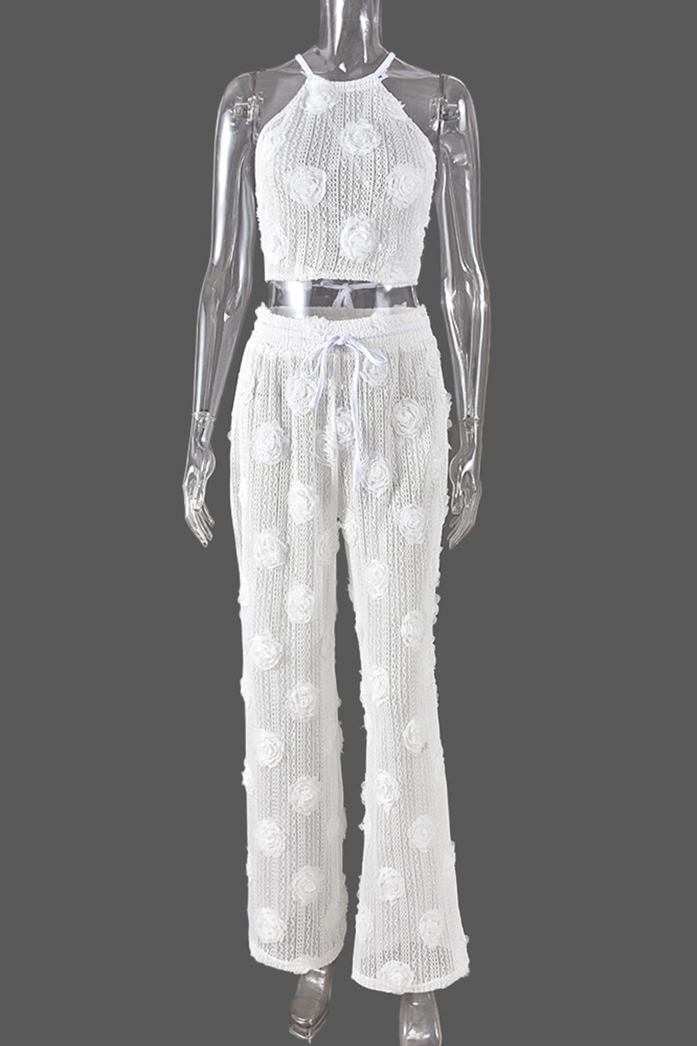 3D Flower Halter Backless Crop Top Wide Leg Pants Knit Casual 2pcs Set-White