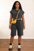 Hooded Short Sleeve Top Drawstring Cargo Pants Casual 2pcs Set-Black