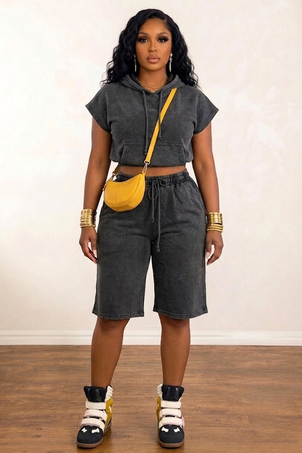 Hooded Short Sleeve Top Drawstring Cargo Pants Casual 2pcs Set-Black
