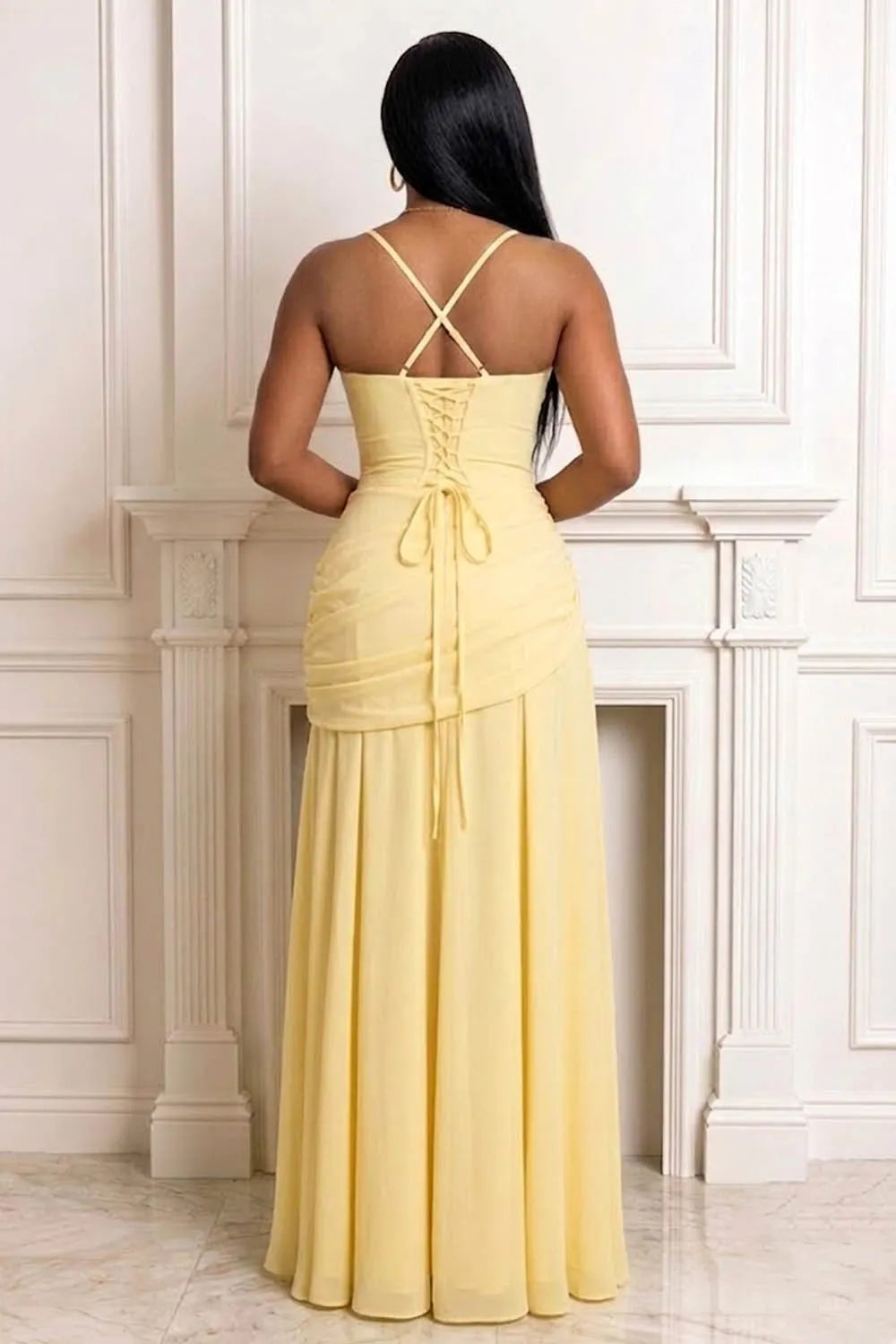 Cami Square Neck Ruched Cinch Waist Back Lace-Up Gowns Maxi Dresses-Yellow