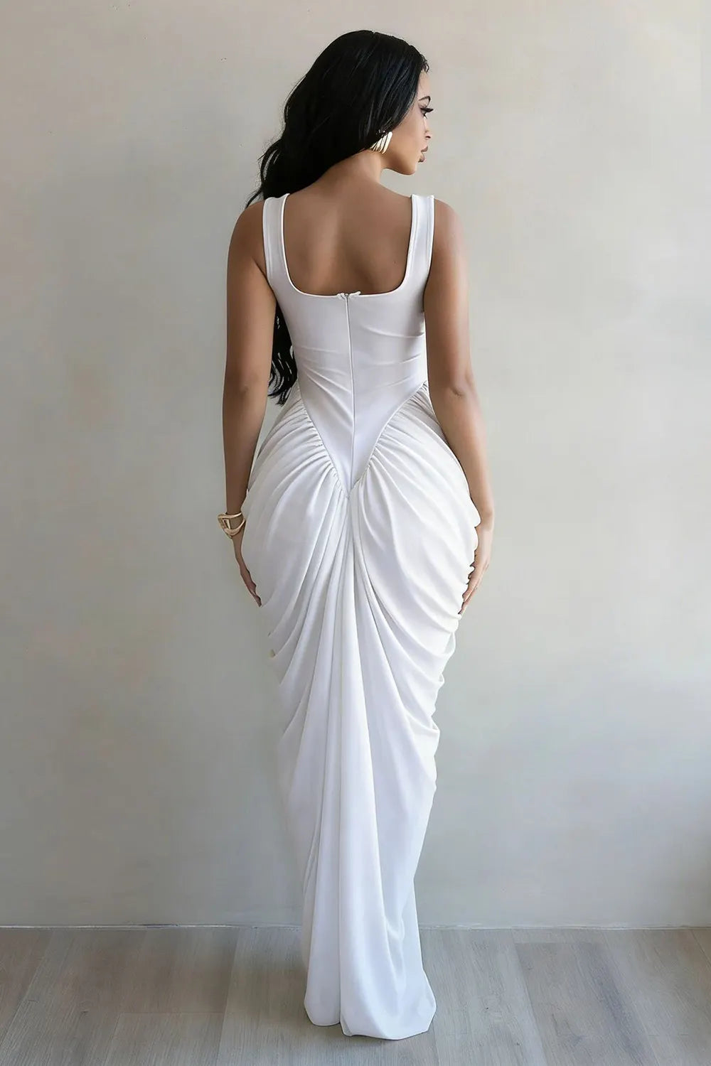 Square Neck Wide Strap Cinched Waist Ruched Bodycon Gowns Maxi Dresses-Yellow