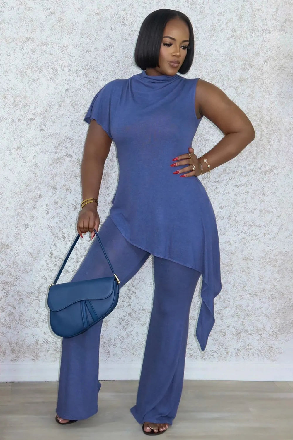 Mock Neck Irregular Hem Top Bootcut Pants Casual 2pcs Set-Blue
