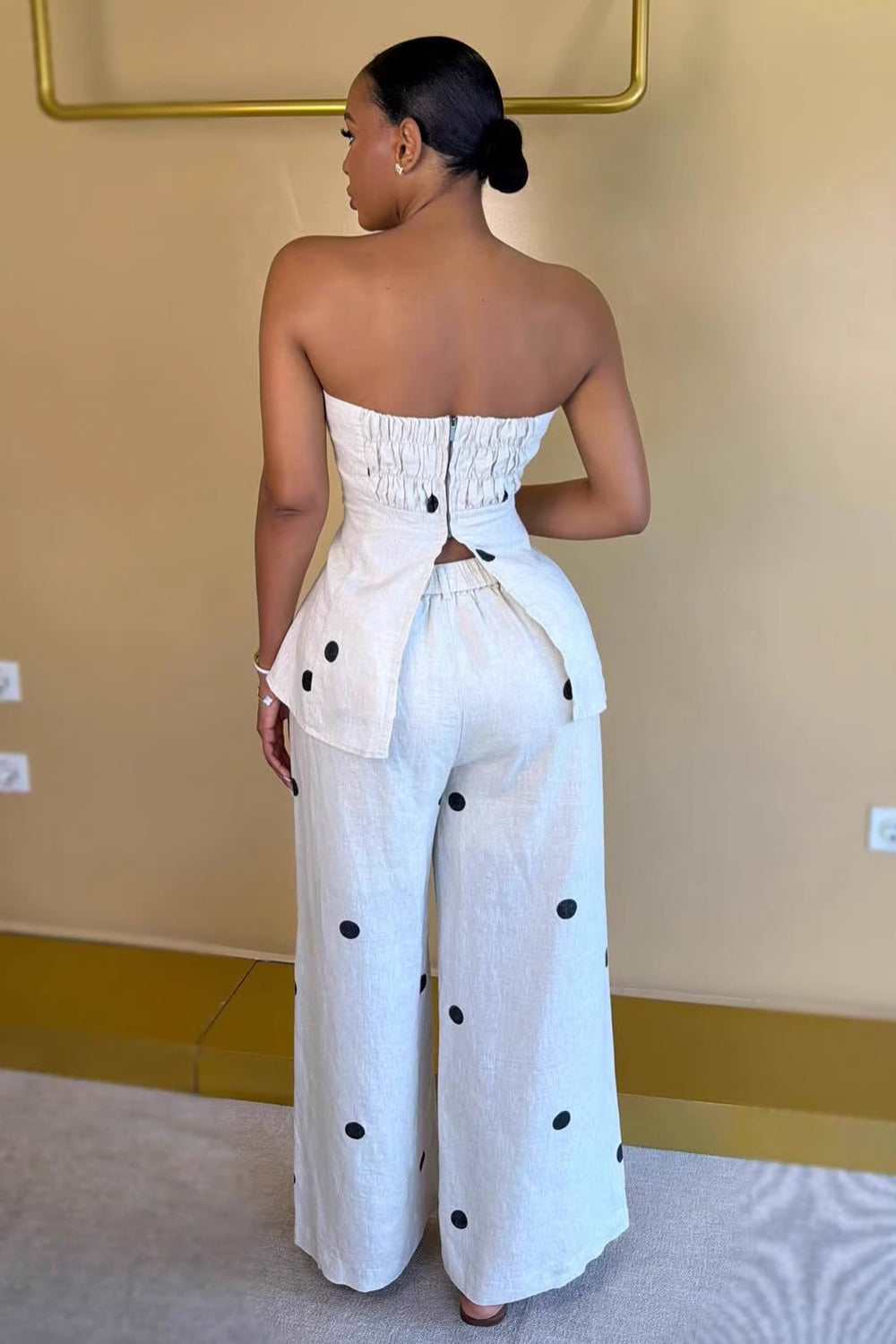 Polka Dot Strapless Back Zipper Slit Top Wide Leg Pants Casual 2pcs Set-White