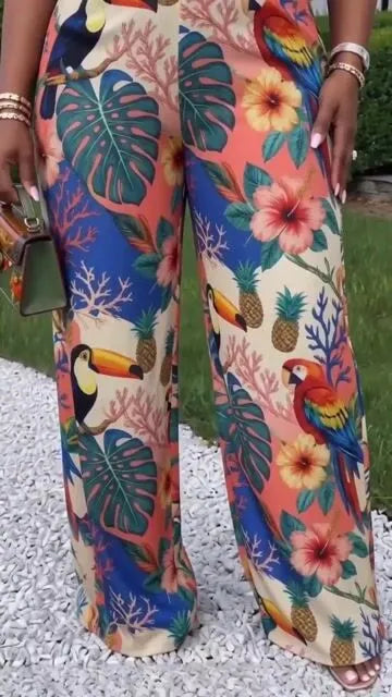 Floral Halter Ruffle Top Wide Leg Pants 2pcs Set