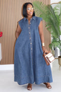 Denim Shirt Collar Cap Sleeve Slant Pocket Loose Casual Maxi Dresses-Blue