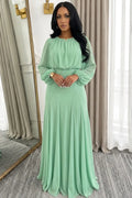 Round Neck Long Sleeve High Waist Draped Evening Gowns Maxi Dresses-Green