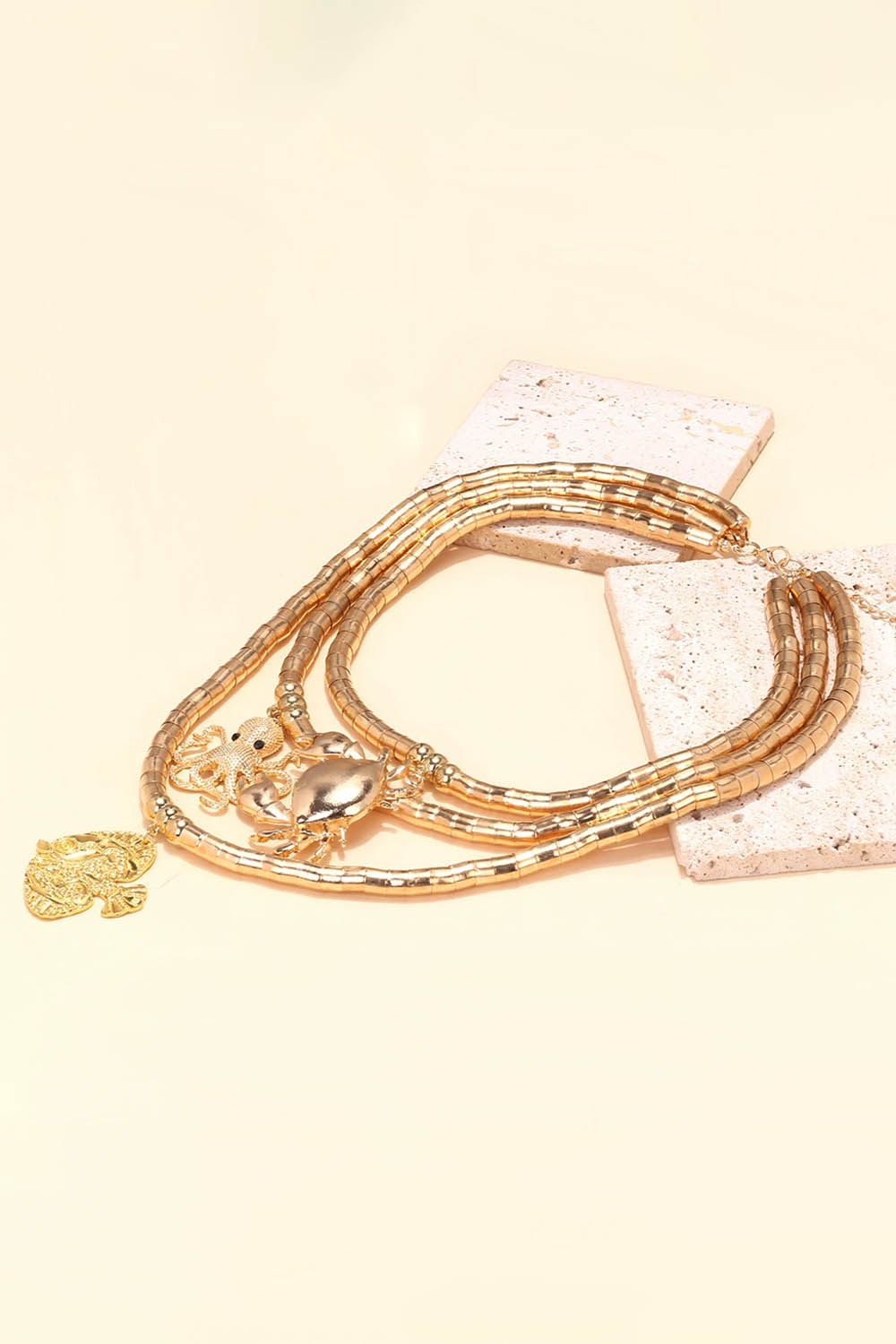 Metallic Tube Bead Multi-Layer Ocean Animal Pendant Stacked Necklace