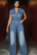 Sleeveless Button Front Cinch Waist Flare Leg Denim Jumpsuit-Blue