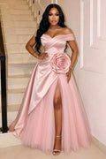 Off Shoulder 3D Floral Decor Slit Mesh Gowns Maxi Dresses-Pink