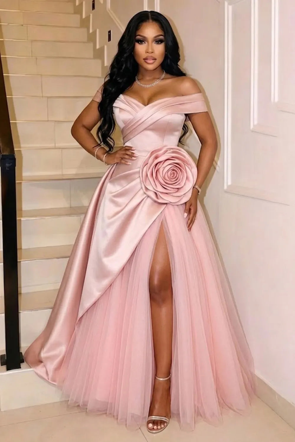 Off Shoulder 3D Floral Decor Slit Mesh Gowns Maxi Dresses-Pink