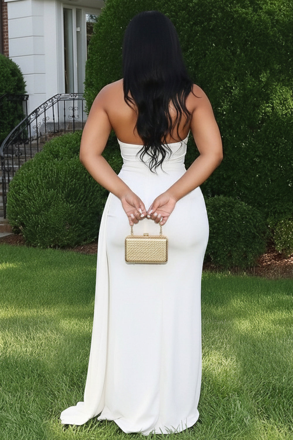 Halter Cut Out Metal Decor High Slit Gowns Maxi Dresses-White