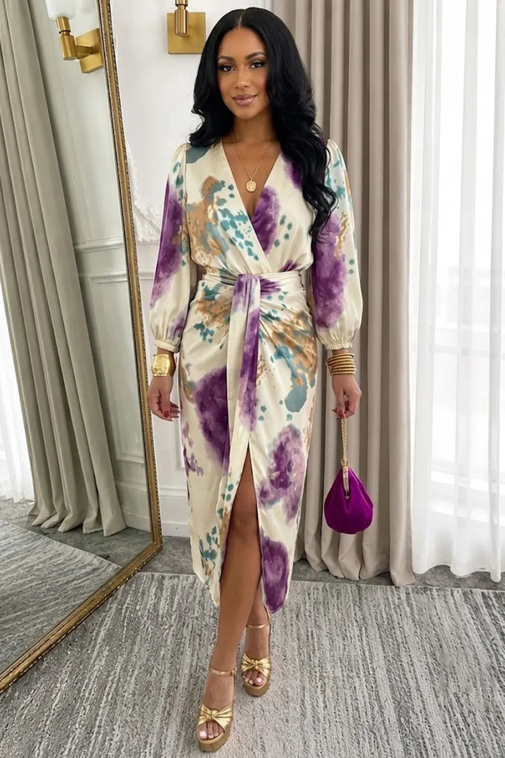 Abstract Print Lantern Sleeve Top Slit Midi Skirt 2pcs Set