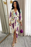 Abstract Print Lantern Sleeve Top Slit Midi Skirt 2pcs Set