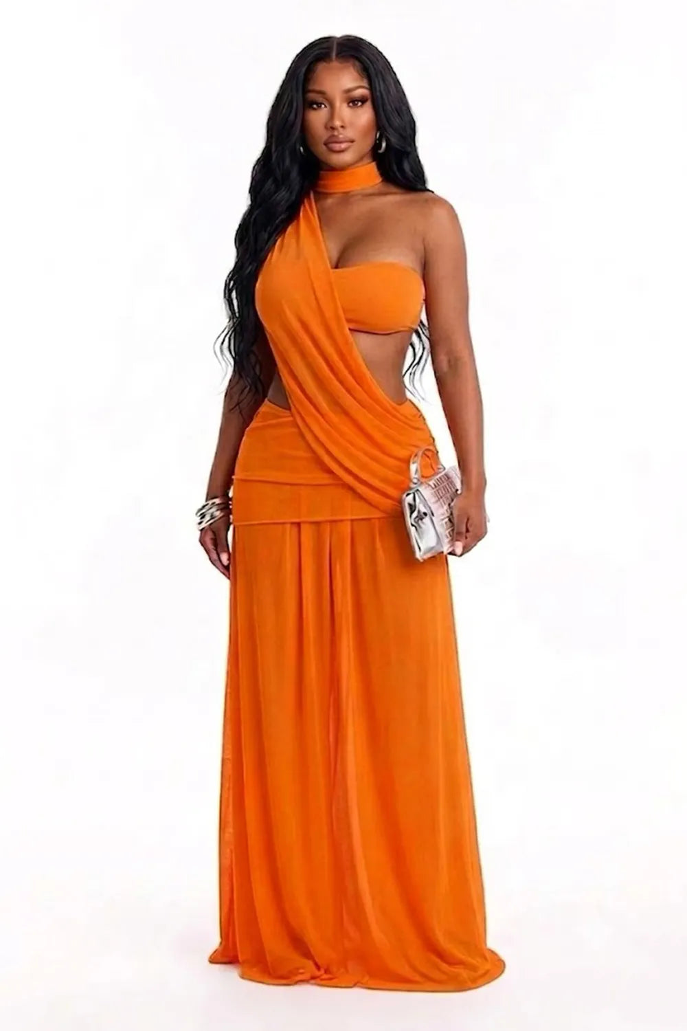 Plain Tube Top Halter Neck See Through Mesh Waist Ruched Maxi Dresses-Black